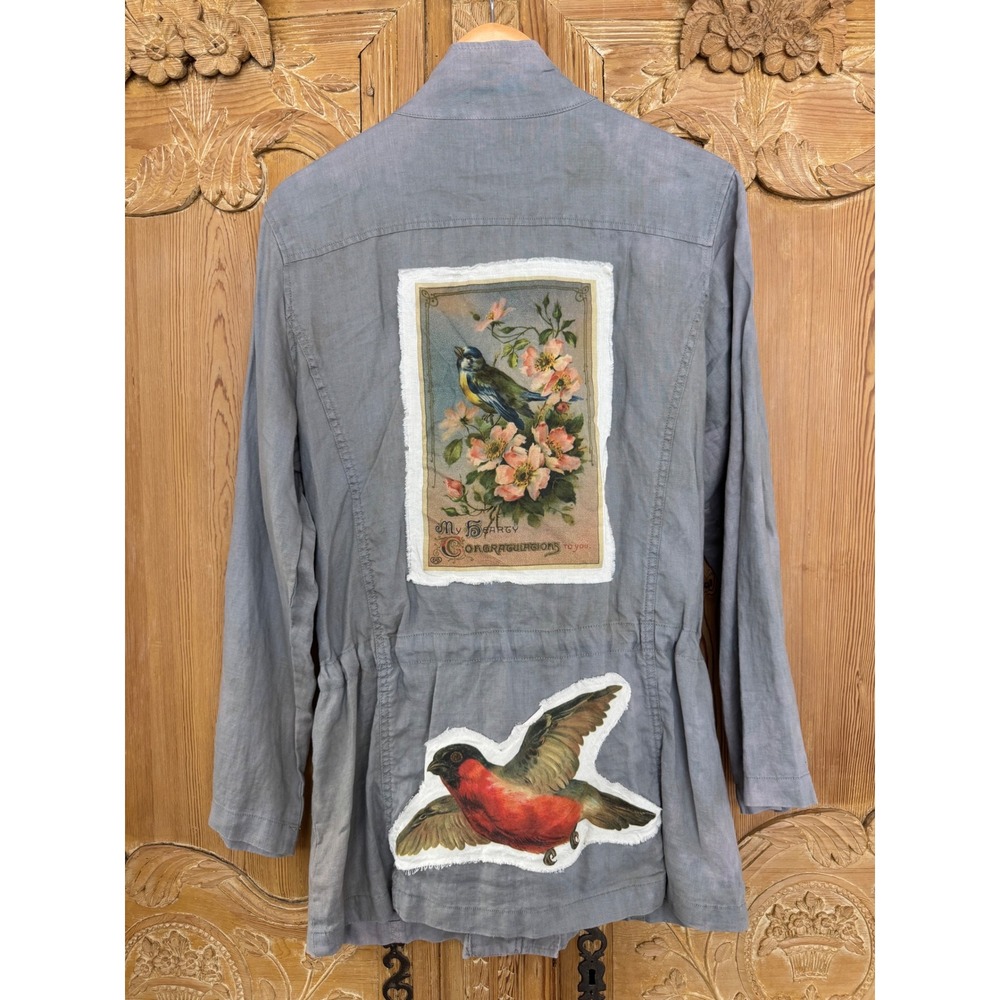 100% Linen Utility Jacket Size L – Drawstring Waist Bird Patch One of a‎ Kind - Picture 6 of 11